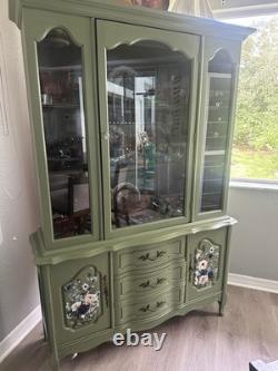 French Provincial Hutch UV Lighting Installed For Glow Glass Olive Green Vintage