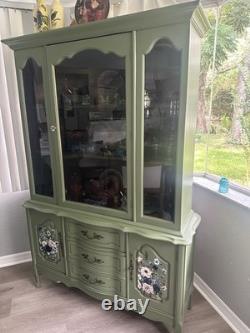 French Provincial Hutch UV Lighting Installed For Glow Glass Olive Green Vintage