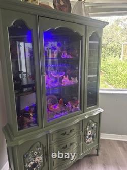 French Provincial Hutch UV Lighting Installed For Glow Glass Olive Green Vintage