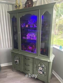 French Provincial Hutch UV Lighting Installed For Glow Glass Olive Green Vintage