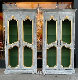 French Provincial Style Painted & Carved Giltwood Mesh Front Bookcases a Pair