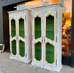 French Provincial Style Painted & Carved Giltwood Mesh Front Bookcases a Pair