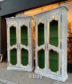 French Provincial Style Painted & Carved Giltwood Mesh Front Bookcases a Pair