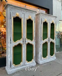 French Provincial Style Painted & Carved Giltwood Mesh Front Bookcases a Pair