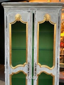 French Provincial Style Painted & Carved Giltwood Mesh Front Bookcases a Pair