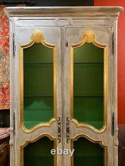 French Provincial Style Painted & Carved Giltwood Mesh Front Bookcases a Pair