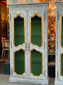 French Provincial Style Painted & Carved Giltwood Mesh Front Bookcases a Pair