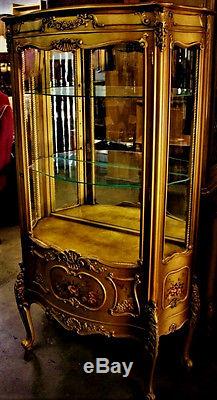 Gorgeous Antique French Louis Style Gold Gilt Vitrine Curio Display Cabinet