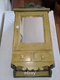 Gorgeous Antique Painted Medicine Cabinet with Gingerbread Fretwork / new Mirror