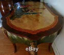 Gorgeous French Louis Style Vernis Hand Painted Table / Desk Figural Ormolu's