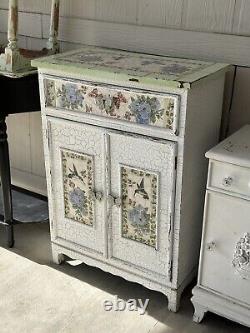Gorgeous Vintage Birds & Butterflies Distressed Antique White/Green Cabinet