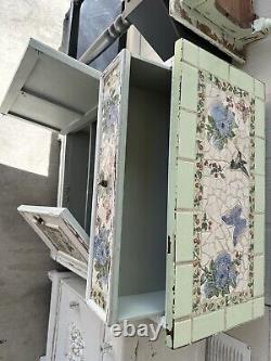 Gorgeous Vintage Birds & Butterflies Distressed Antique White/Green Cabinet
