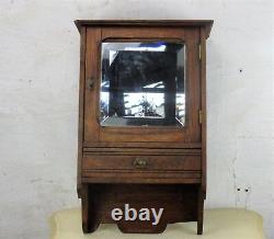 Hand Carved Oak Kitchen Apothecary Wall Cabinet Beveled Glass mirror 50s