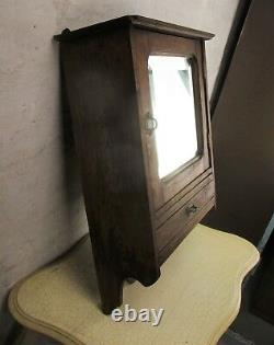 Hand Carved Oak Kitchen Apothecary Wall Cabinet Beveled Glass mirror 50s
