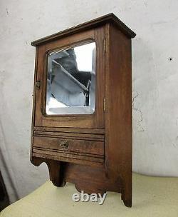 Hand Carved Oak Kitchen Apothecary Wall Cabinet Beveled Glass mirror 50s