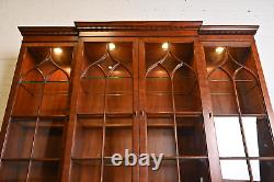 Henkel Harris Georgian Carved Flame Mahogany Lighted Breakfront Bookcase Cabinet