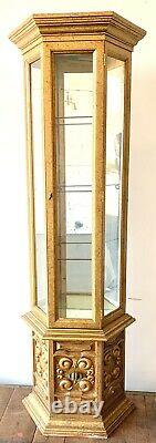 Hollywood Regency Vintage Gold Narrow Curio Golden Wooden Tall Glass Cabinet