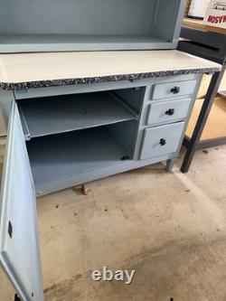 Hoosier Cabinet Vintage Antique Blue / Gray Wood Baking Station Flour Sifter