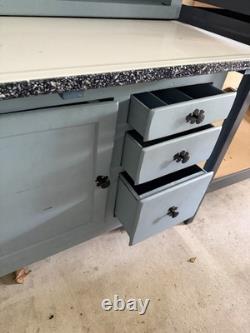 Hoosier Cabinet Vintage Antique Blue / Gray Wood Baking Station Flour Sifter