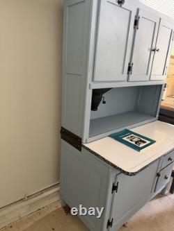 Hoosier Cabinet Vintage Antique Blue / Gray Wood Baking Station Flour Sifter