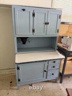 Hoosier Cabinet Vintage Antique Blue / Gray Wood Baking Station Flour Sifter