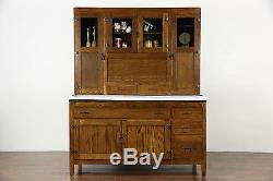Hoosier Oak Kitchen Pantry Cupboard, Roll Top, 1915 Antique Cabinet, Enamel Top
