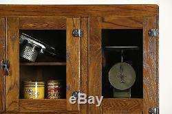 Hoosier Oak Kitchen Pantry Cupboard, Roll Top, 1915 Antique Cabinet, Enamel Top