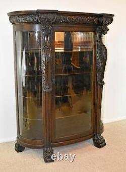 Horner Style Oak Curved Glass China Cabinet Curio with Lion Heads