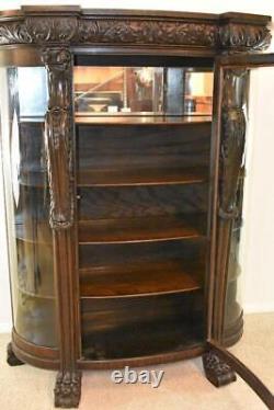 Horner Style Oak Curved Glass China Cabinet Curio with Lion Heads