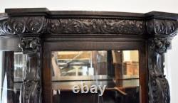 Horner Style Oak Curved Glass China Cabinet Curio with Lion Heads
