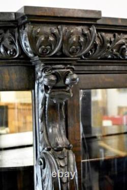 Horner Style Oak Curved Glass China Cabinet Curio with Lion Heads