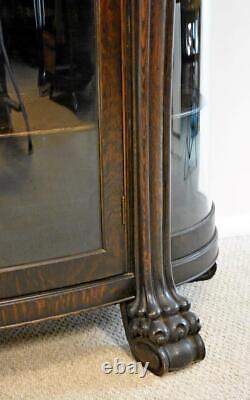 Horner Style Oak Curved Glass China Cabinet Curio with Lion Heads