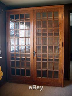 Huge Antique Arts Crafts Golden Oak Curio Cabinet Bookcase Cupboard 64 Pane Door