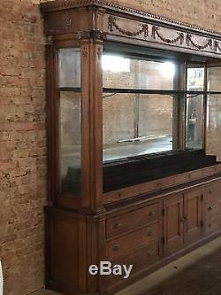Huge Early Turn Of Century Oak Display Cabinet General Store Case Ornate Mirror