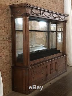 Huge Early Turn Of Century Oak Display Cabinet General Store Case Ornate Mirror