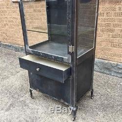 Industrial Brushed Steel And Beveled Glass Apothecary Display Cabinet