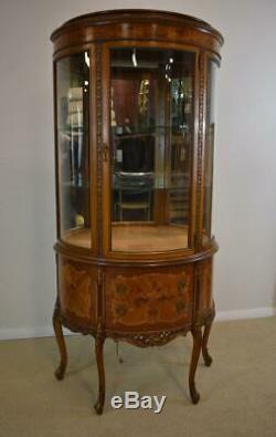 Inlaid French Curved Glass Curio Cabinet Lighted Interior Mirrored Back