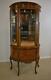 Inlaid French Curved Glass Curio Cabinet Lighted Interior Mirrored Back