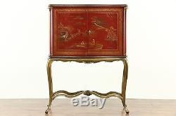 Italian 1930 Antique Bar Cabinet, Chinese Hand Painting, Mosaic Mirror