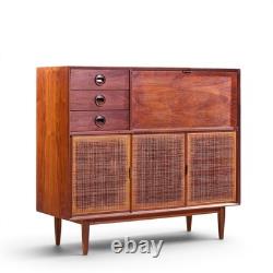 Jack Cartwright for Founders Mid Century Walnut and Cane Bar Cabinet