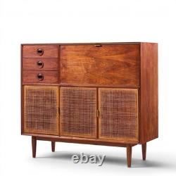 Jack Cartwright for Founders Mid Century Walnut and Cane Bar Cabinet