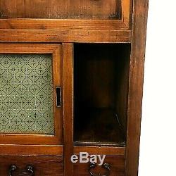 Japanese Wood Cabinet with Glass and Wood Sliding Doors and Drawers