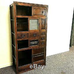 Japanese Wood Cabinet with Glass and Wood Sliding Doors and Drawers