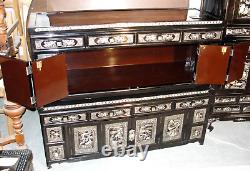 Korean Black Lacquer Sideboard Low Cabinet Set Pair Mother Of Pearl Inlay Antiqe