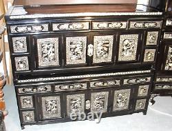 Korean Black Lacquer Sideboard Low Cabinet Set Pair Mother Of Pearl Inlay Antiqe