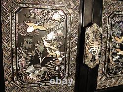 Korean Black Lacquer Sideboard Low Cabinet Set Pair Mother Of Pearl Inlay Antiqe