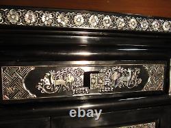 Korean Black Lacquer Sideboard Low Cabinet Set Pair Mother Of Pearl Inlay Antiqe