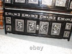 Korean Black Lacquer Sideboard Low Cabinet Set Pair Mother Of Pearl Inlay Antiqe