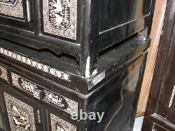 Korean Black Lacquer Sideboard Low Cabinet Set Pair Mother Of Pearl Inlay Antiqe