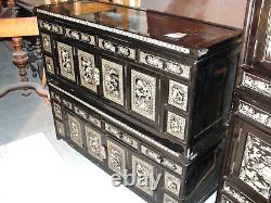 Korean Black Lacquer Sideboard Low Cabinet Set Pair Mother Of Pearl Inlay Antiqe